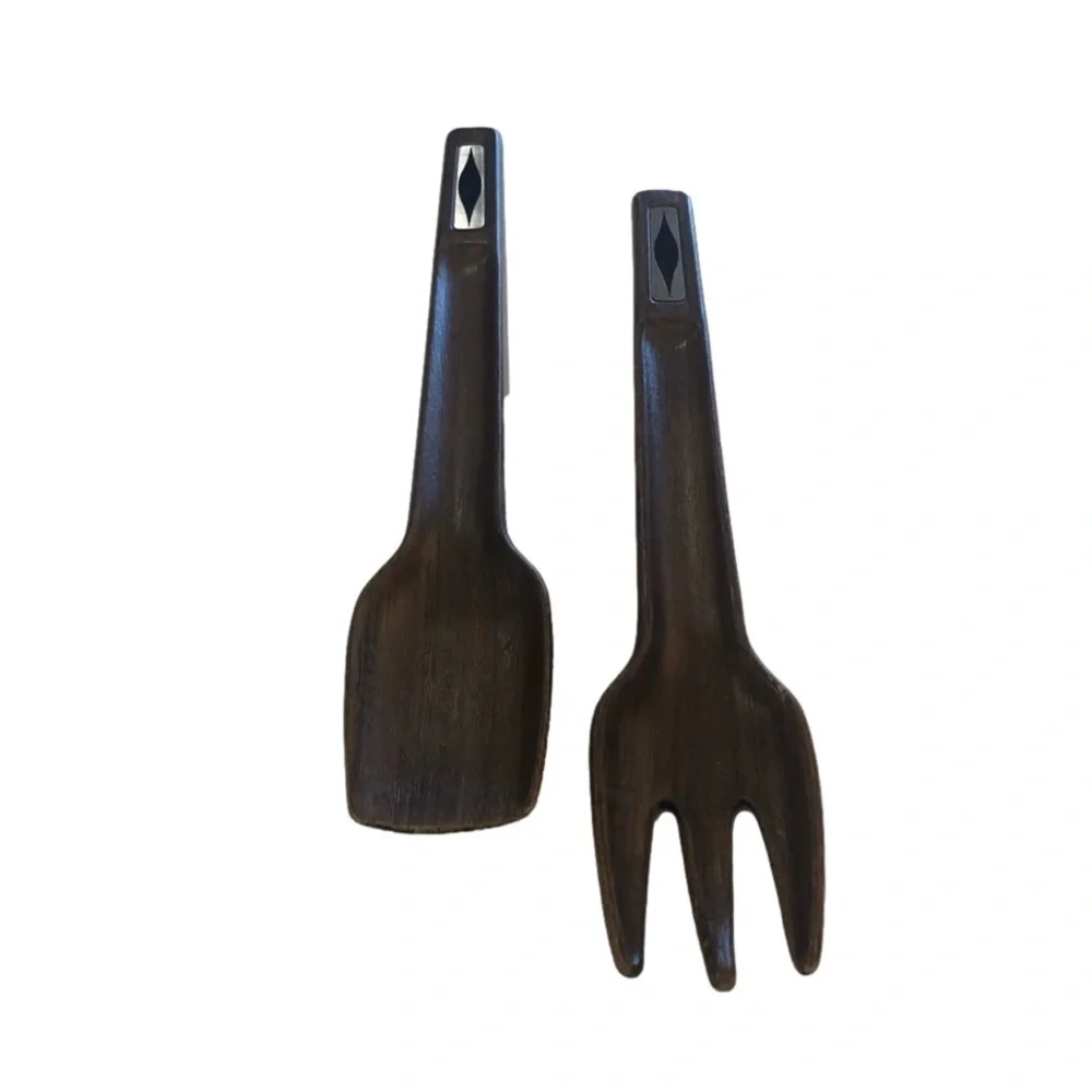 MCM wooden salad servers fork and spoon with decorative metal accents. Geometric